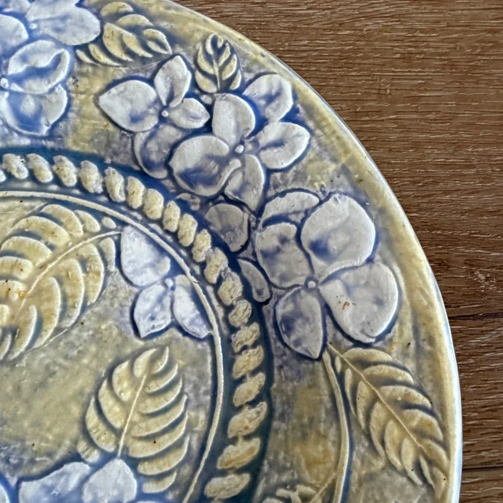 Handmade Studio Pottery Hydrangea Floral Relief Plate Blue Yellow Green 9.25